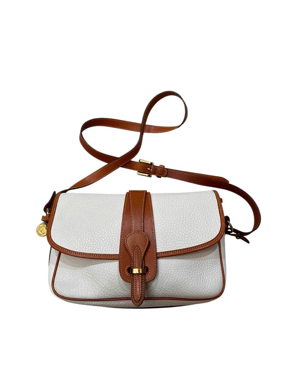 Vintage 1990’s Dooney & Bourke All Weather Leather White Brown Trim Saddle Bag